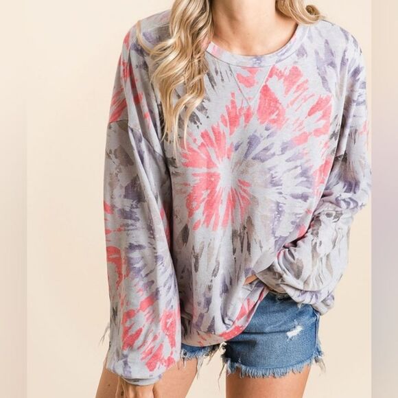 BiBi Tie Dye Print Terry Pull Over Women's Tie-Dye Long Sleeve Top sz Large - Picture 2 of 7
